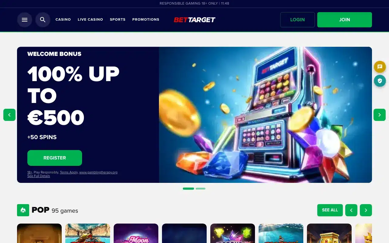 Clean Bet Target homepage showing complete branding, navigation, account controls and casino banner