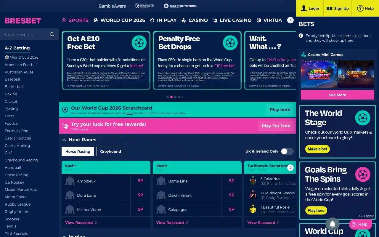 Clean Bresbet homepage showing navigation, promotions and racing markets