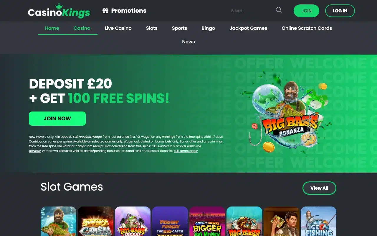 Casino Kings homepage showing the complete logo, navigation, registration controls and current welcome offer