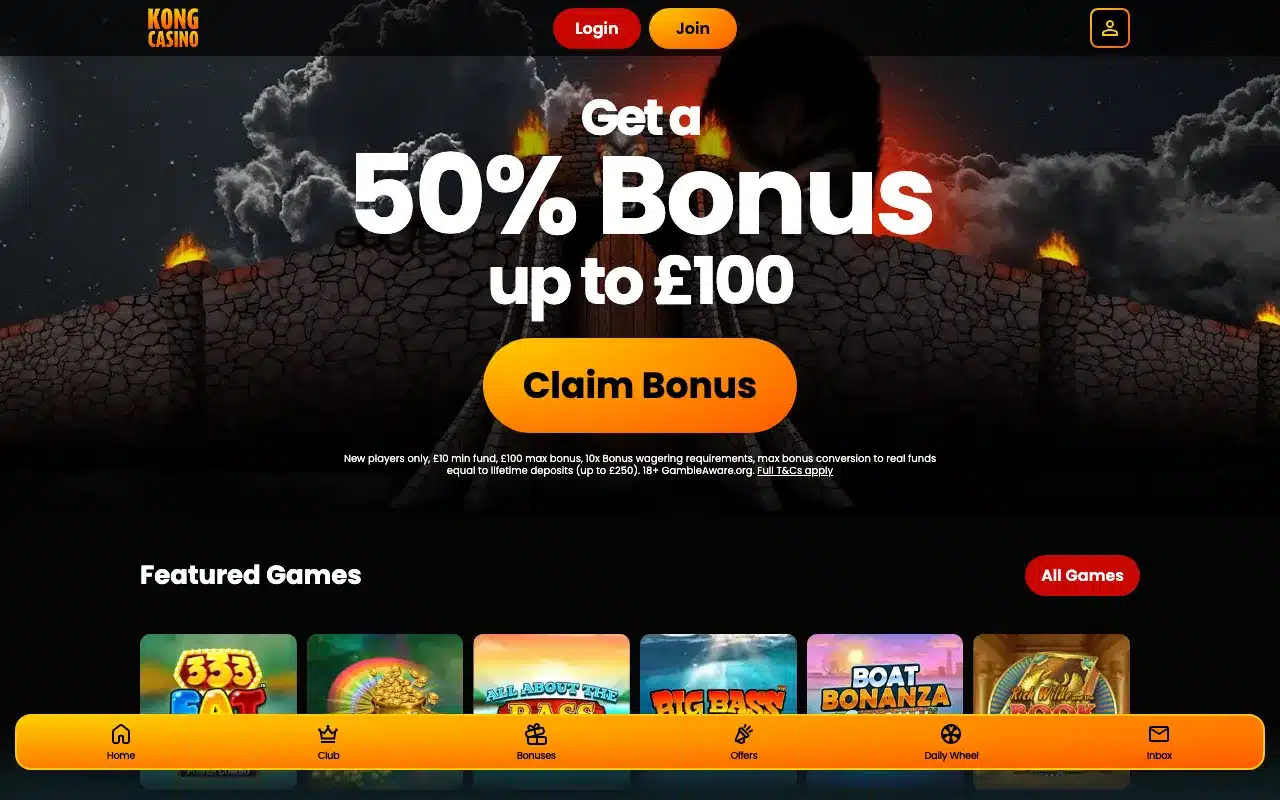 Clean Kong Casino homepage showing the complete logo, welcome offer and account buttons