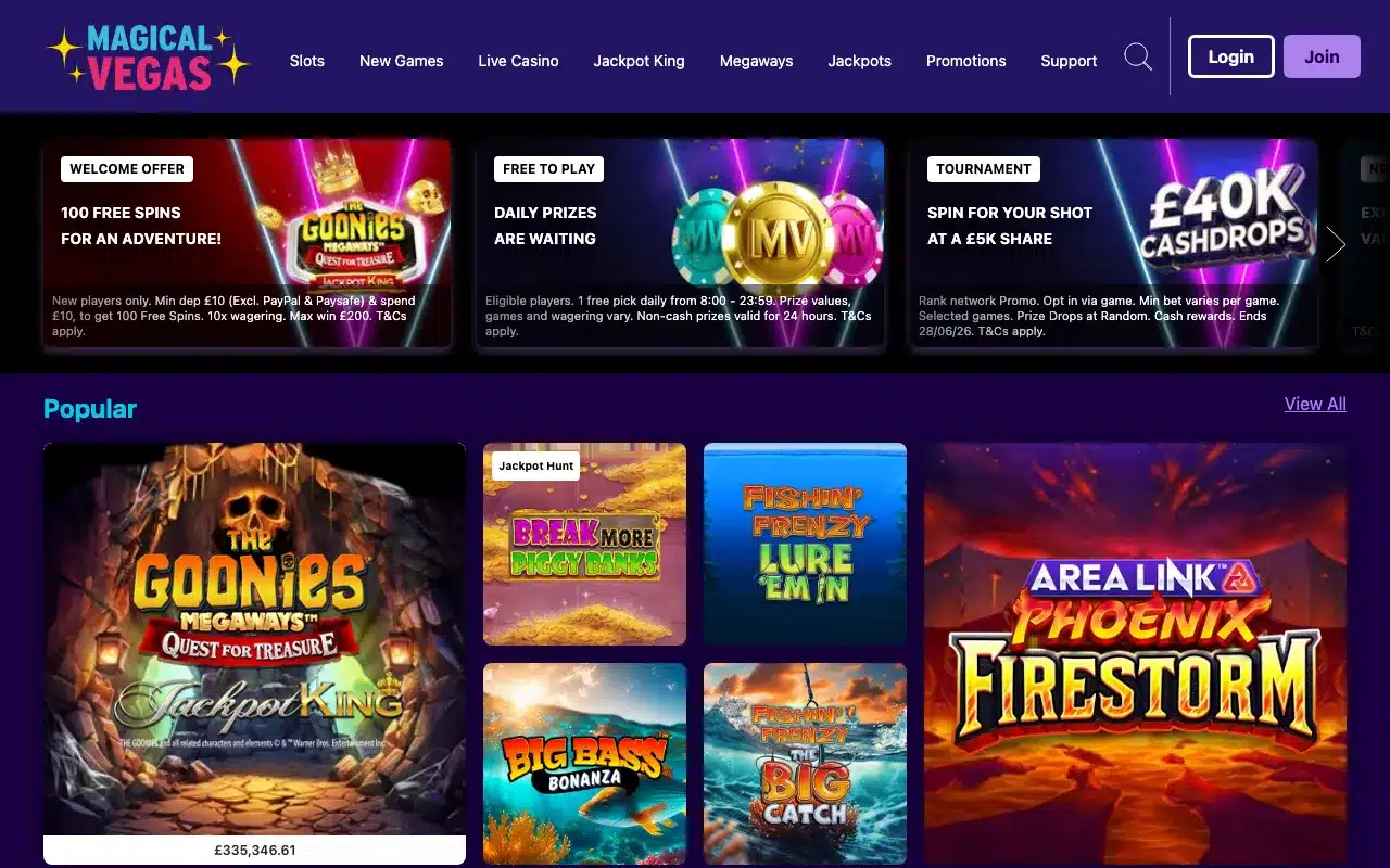 Clean Magical Vegas homepage showing the complete logo, navigation, account buttons and welcome offer