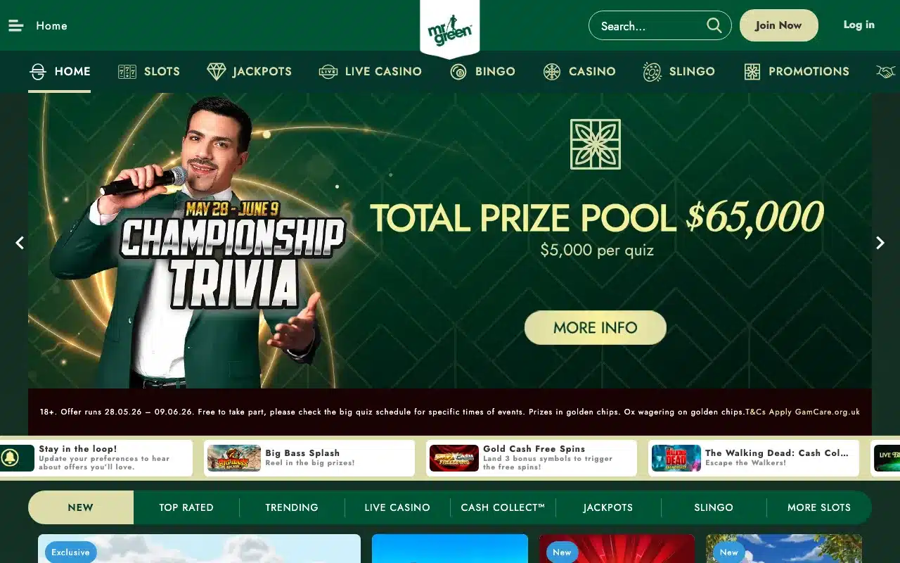 Clean Mr Green casino homepage showing the full navigation, logo and casino lobby