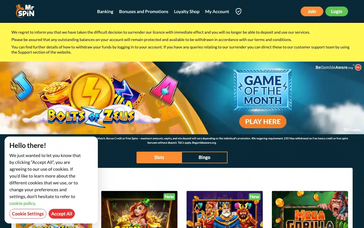 Archived Mr Spin homepage showing its closure notice, loyalty shop menu and Bolts of Zeus banner