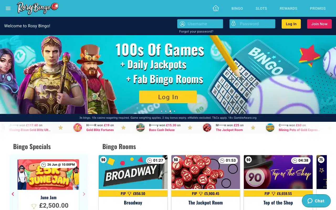 Clean Rosy Bingo homepage showing the full logo, account buttons and bingo lobby