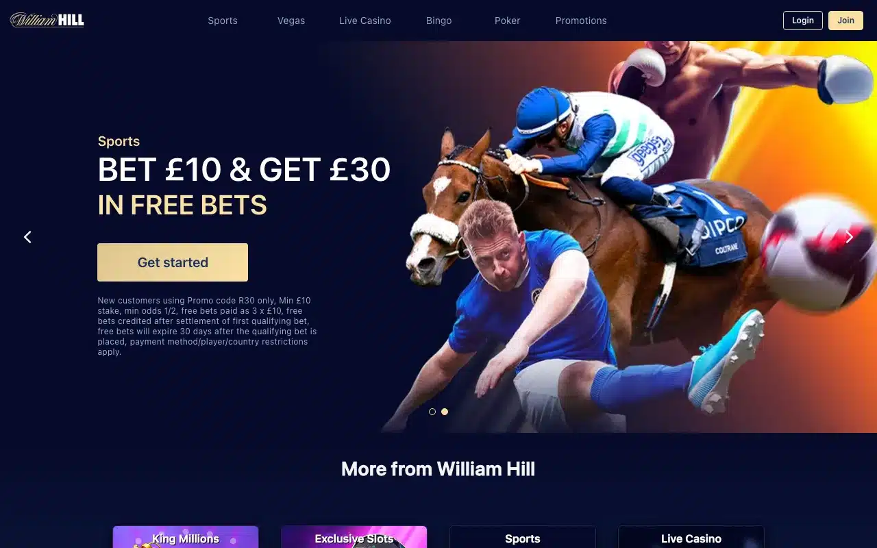 William Hill UK homepage showing the sports welcome offer and navigation