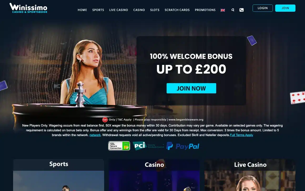 Clean historical Winissimo homepage showing full navigation, login and join buttons, bonus terms and product panels without overlays