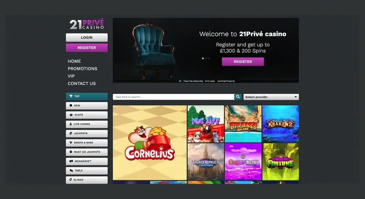 Clean historical 21Prive casino homepage showing the complete logo, login and register buttons, promotion banner, navigation and game lobby