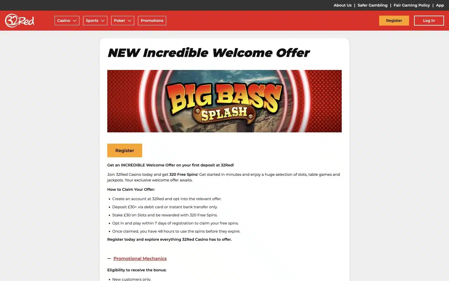 32Red UK casino welcome offer showing 320 free spins