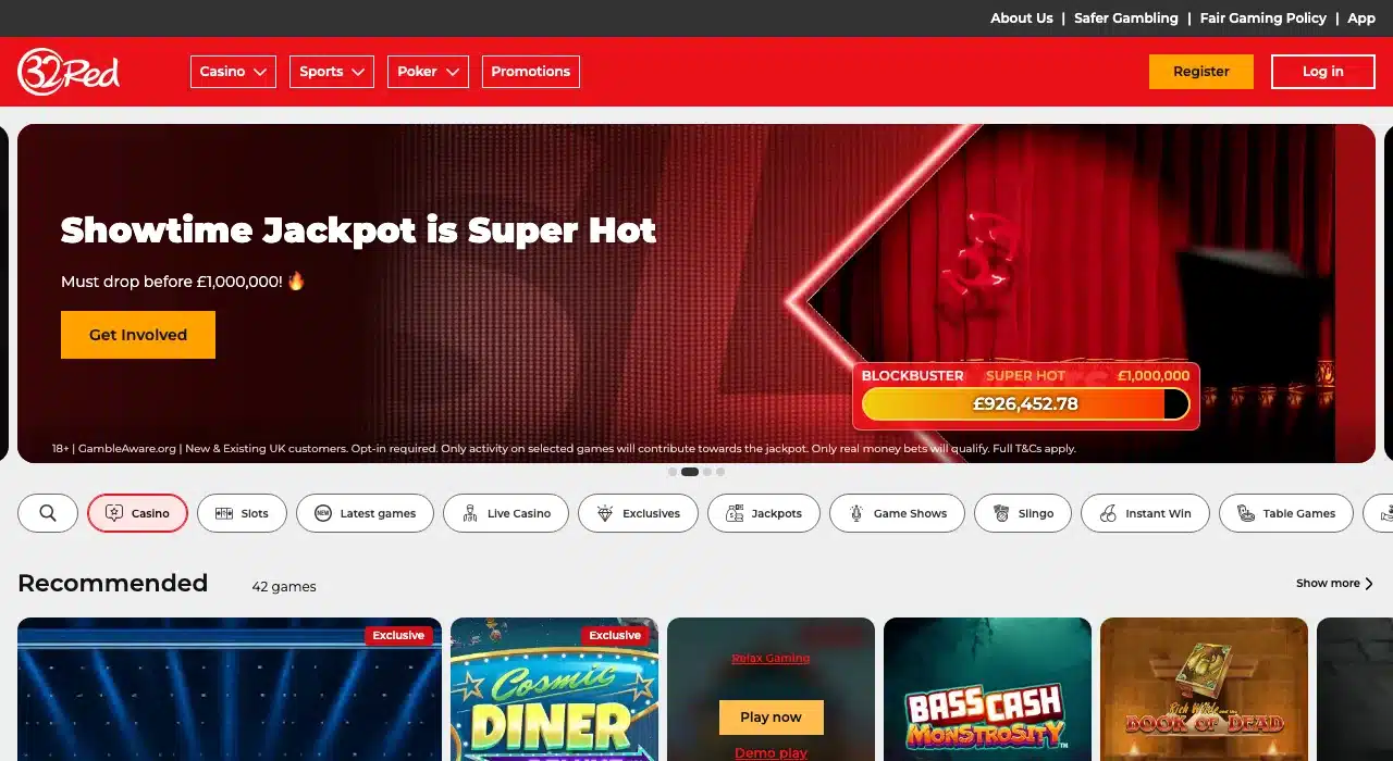 Current 32Red UK casino homepage without cookie banners or popups