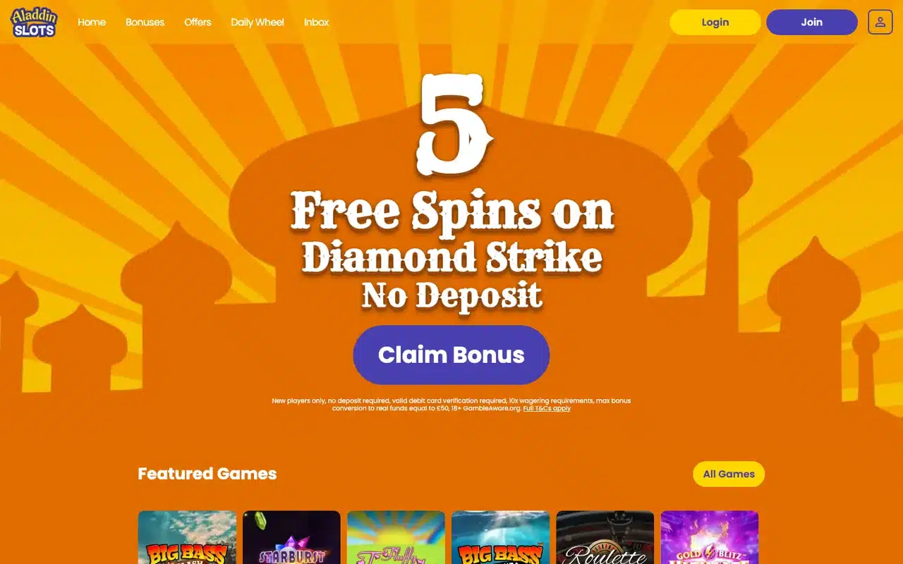 Clean current Aladdin Slots homepage showing complete navigation, offer terms and Join controls