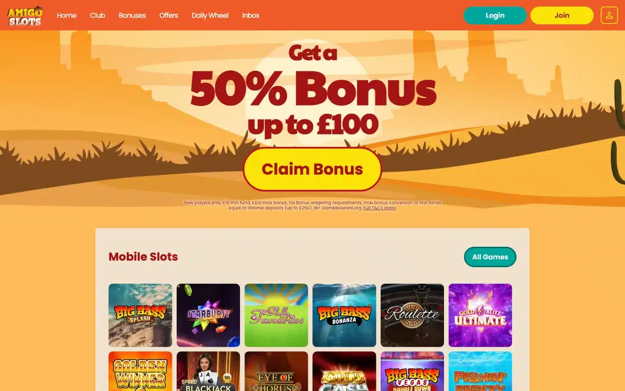 Clean current Amigo Slots homepage with complete offer and account controls