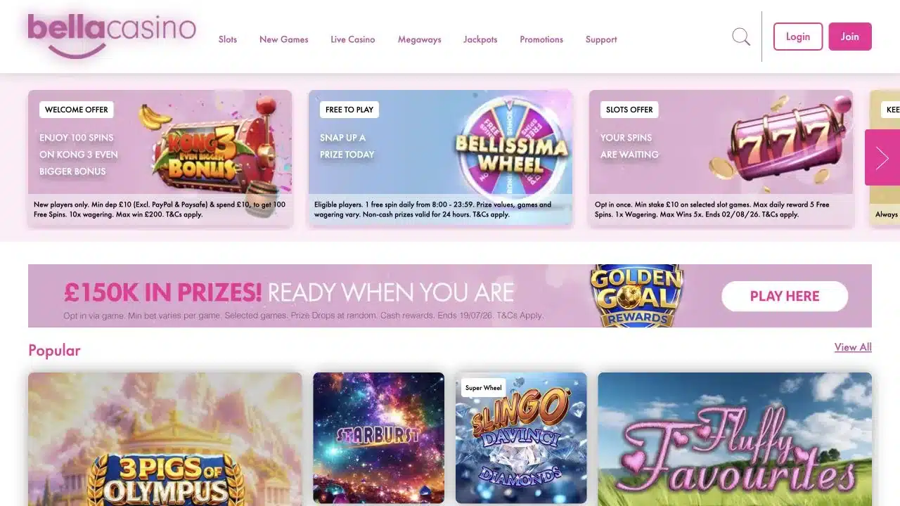 Bella Casino UK homepage showing the current welcome offer, promotions and casino lobby