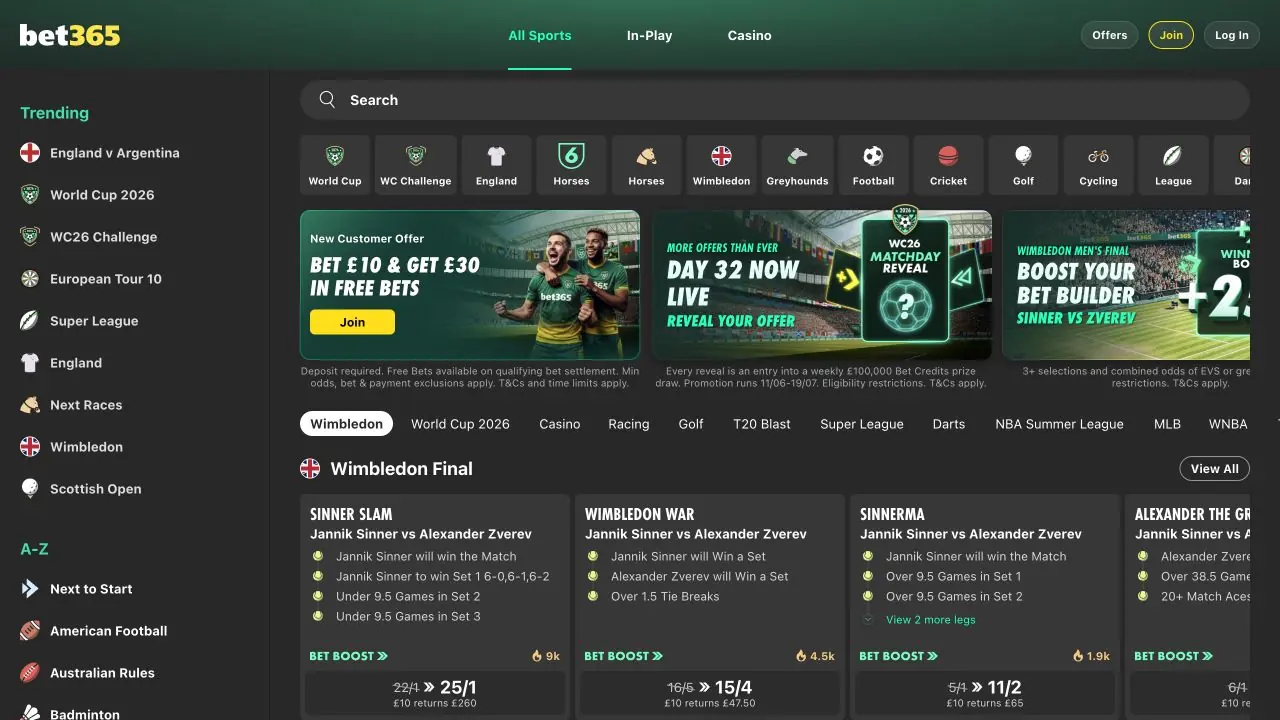 Bet365 live sportsbook homepage screenshot
