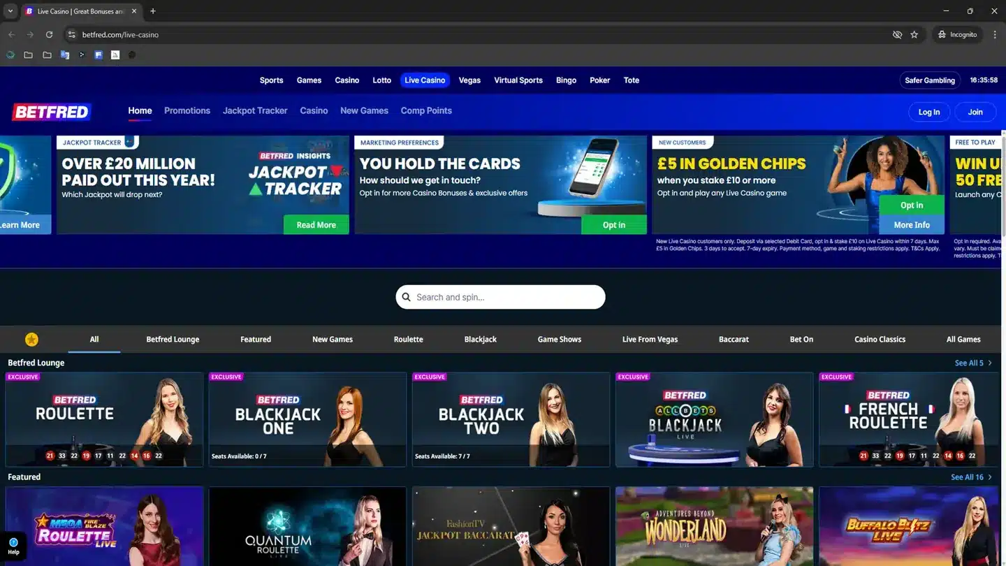 Betfred live casino homepage screenshot 2026