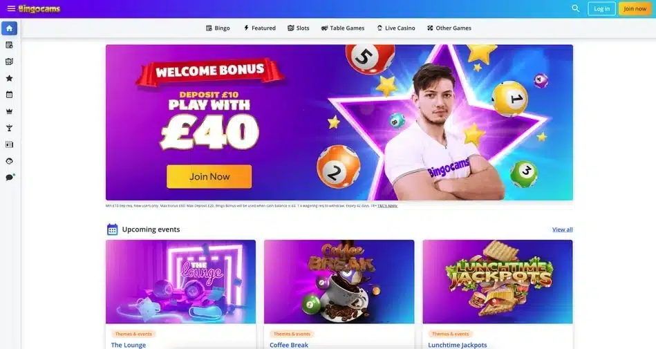 Clean historical Bingo Cams homepage with complete logo, navigation, login and join buttons and welcome banner without cookie bars or popups