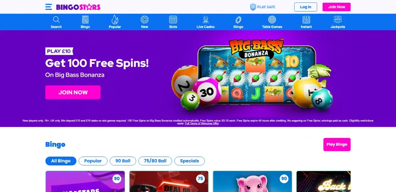 Clean current Bingo Stars homepage with complete logo, navigation, login, join button and 100 free spins offer without cookie bars or popups