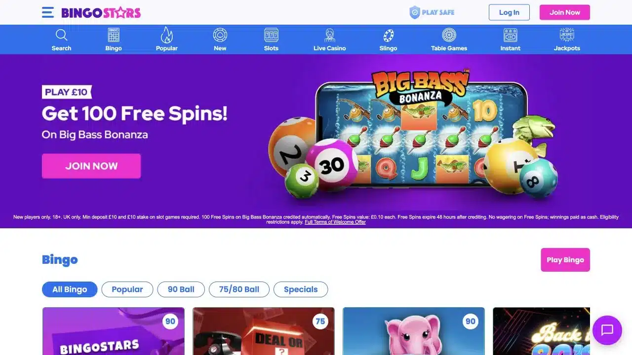 Bingo Stars UK homepage showing the logo, navigation, current Big Bass Bonanza offer and visible bingo lobby