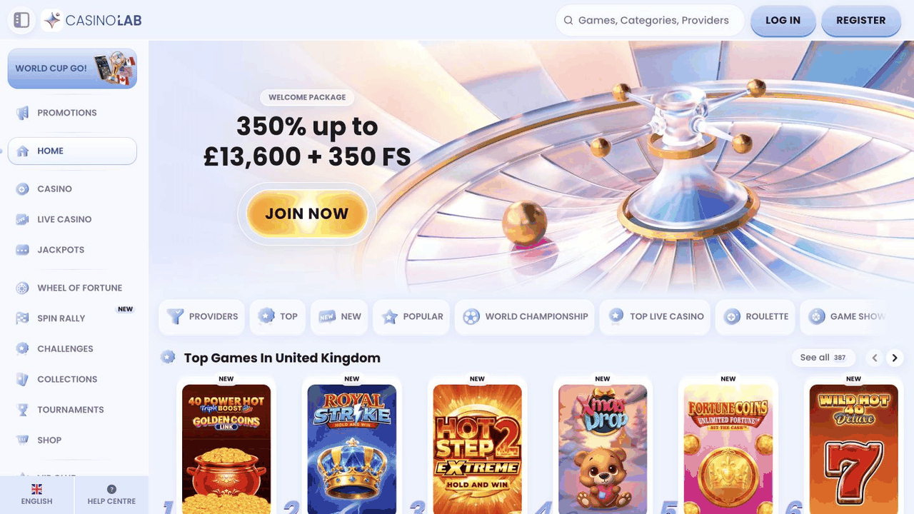 Casino Lab homepage showing the current welcome package, navigation and registration controls