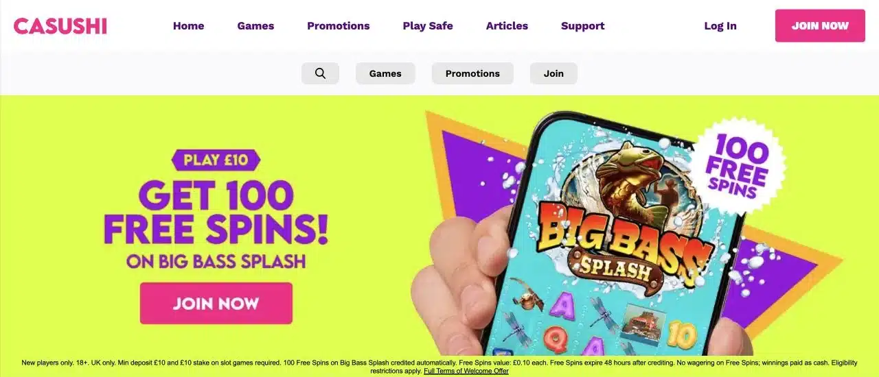 Casushi UK homepage showing its current Big Bass Splash welcome offer