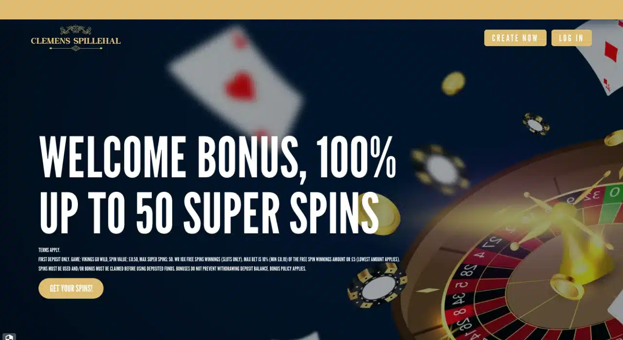 Clean current Clemens Spillehal homepage with complete logo, account buttons and 50 SuperSpins offer visible