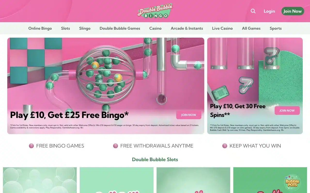 Double Bubble Bingo homepage showing current bingo and free-spin offers