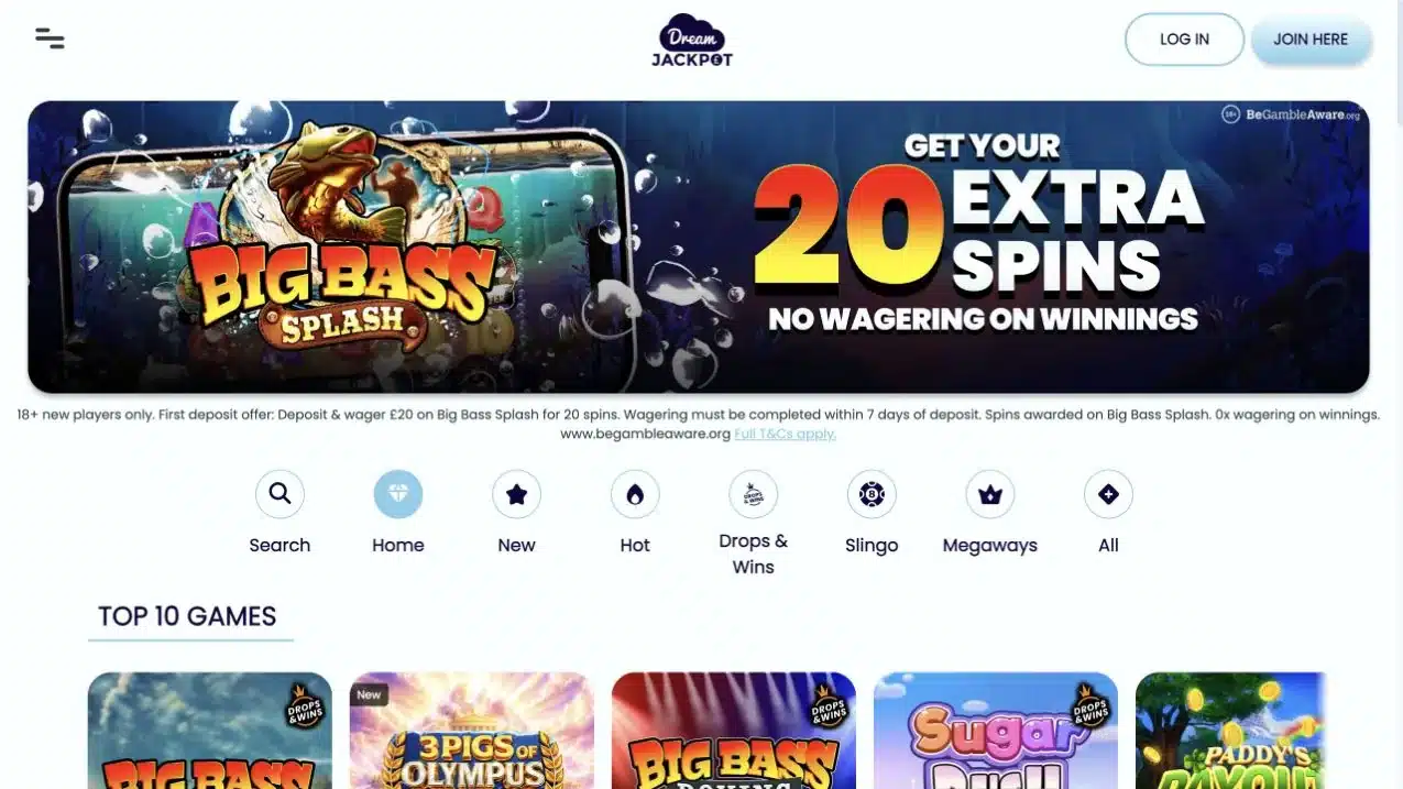 Dream Jackpot homepage showing the current 20 extra spins offer