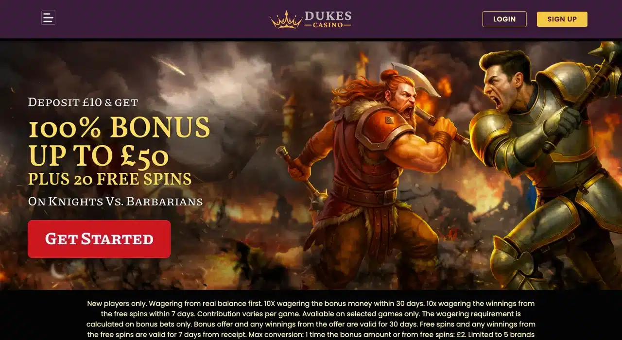 Clean current Dukes Casino UK homepage with complete logo, login and signup buttons and welcome offer without cookie bars or popups