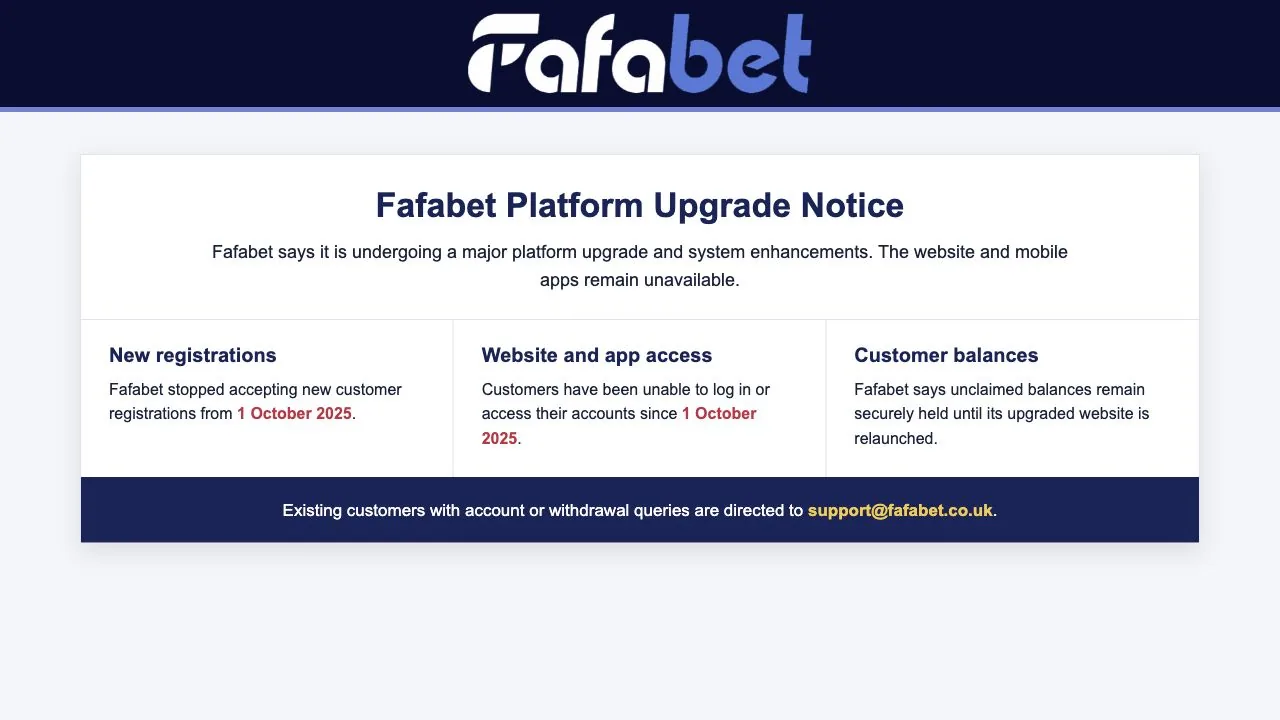 Fafabet platform upgrade notice showing registrations and website access stopped in October 2025