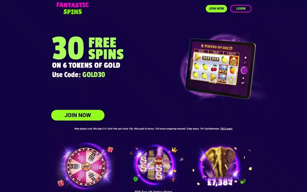 Clean Fantastic Spins homepage with complete logo, 30 free spins offer, code and account buttons visible