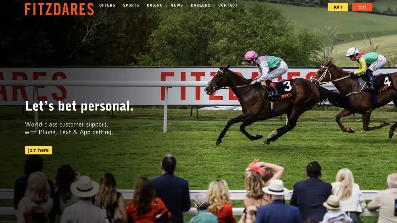 Fitzdares homepage showing racing, navigation and join controls