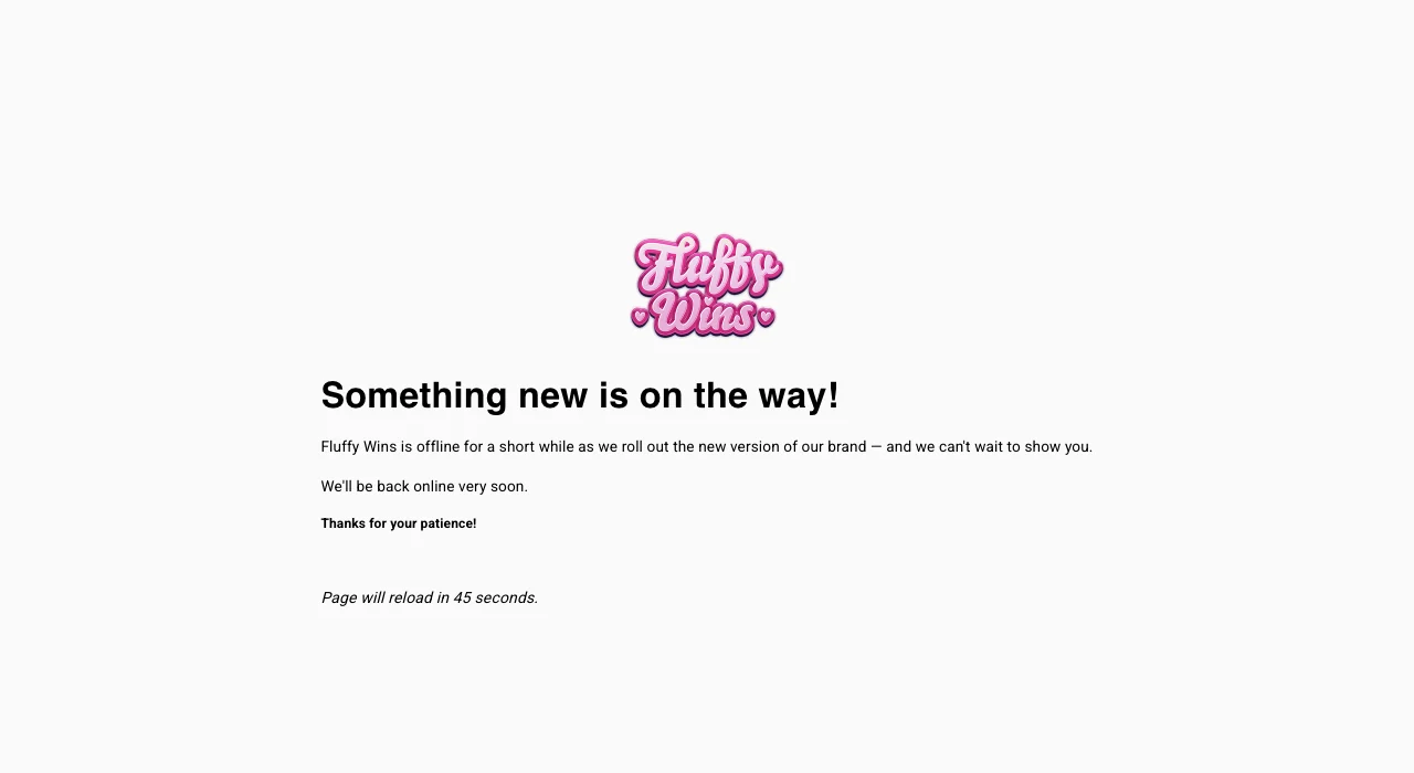 Clean live Fluffy Wins migration page showing the complete logo and offline notice without cookie bars or popups
