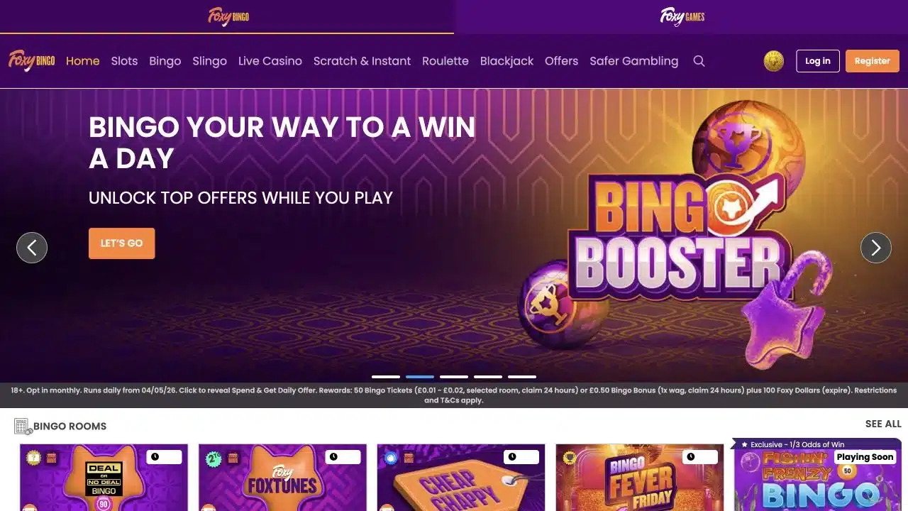 Foxy Bingo UK homepage showing bingo rooms and current Bingo Booster promotion