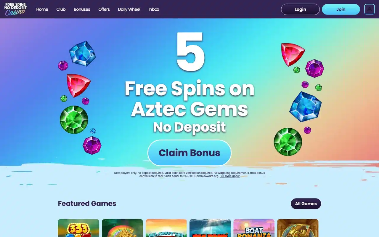Clean current Free Spins No Deposit Casino homepage showing complete navigation, Join controls, offer terms and games