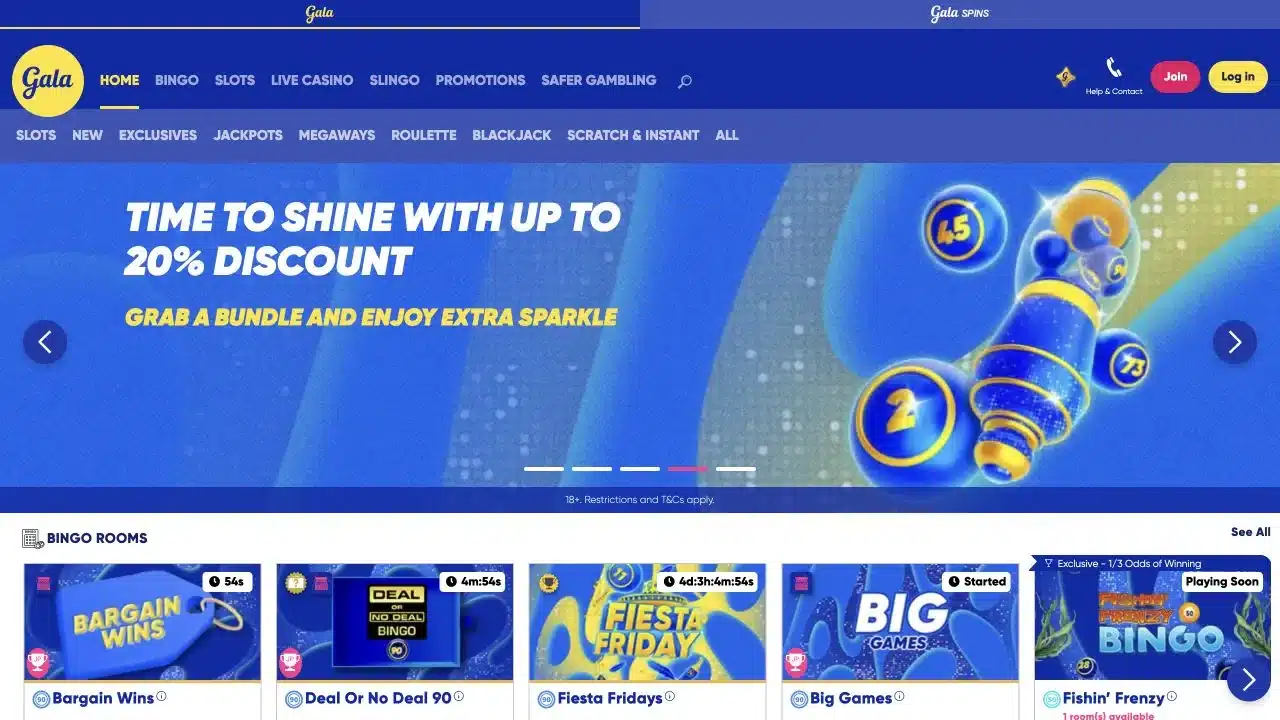 Gala Bingo live homepage showing current bingo rooms and navigation