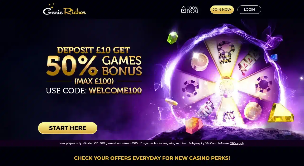 Current Genie Riches homepage showing the complete header, account buttons, welcome offer and significant terms