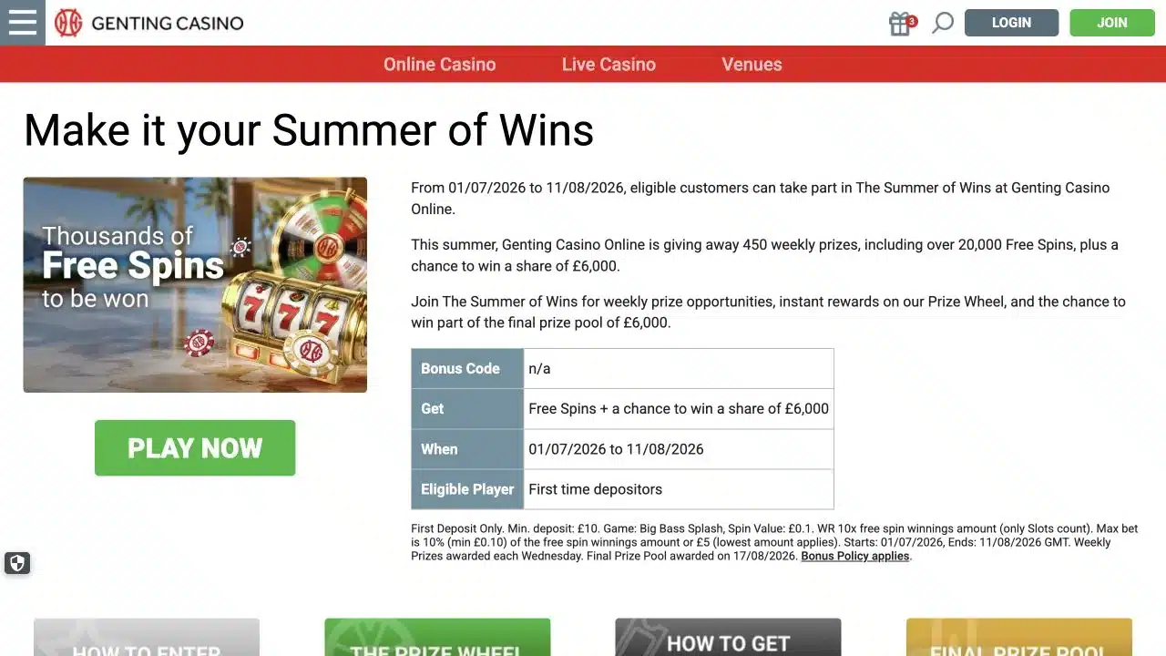 Genting Casino Summer of Wins UK promotion page