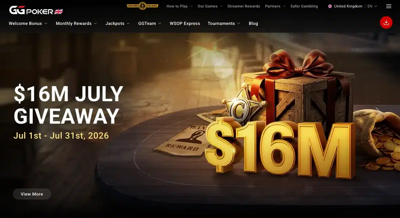 Clean current GGPoker UK homepage with complete logo, navigation and July 2026 promotion without cookie bars or popups