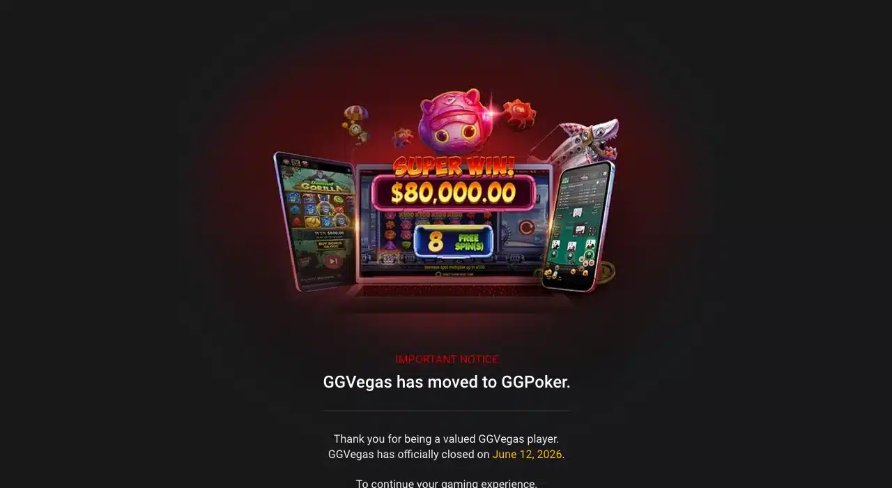 Clean GGVegas closure page stating that GGVegas closed on 12 June 2026 and moved to GGPoker