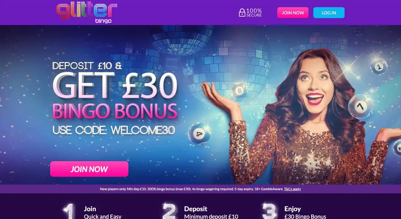 Clean live Glitter Bingo homepage showing the complete header, account buttons and current welcome offer without overlays