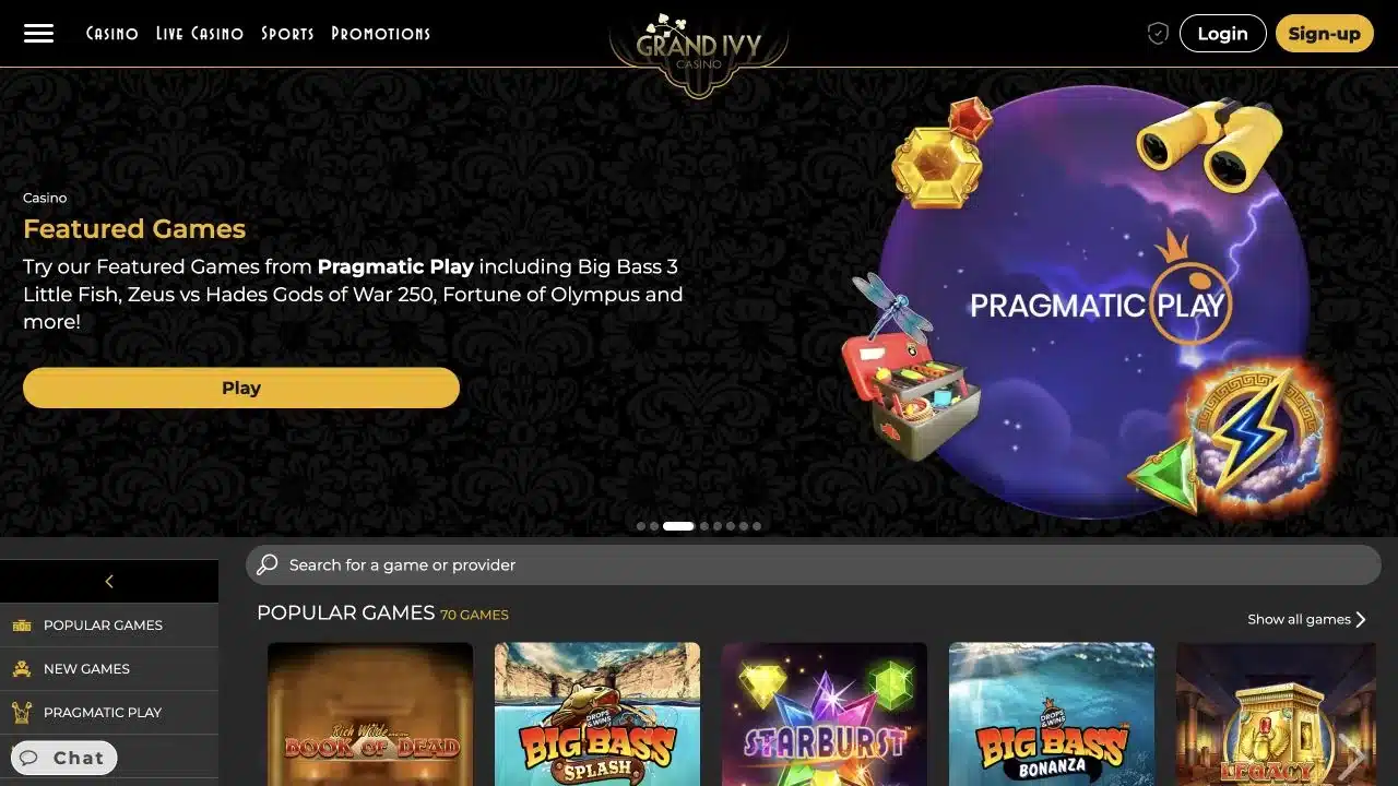 Grand Ivy UK homepage showing the casino navigation, featured games and current lobby