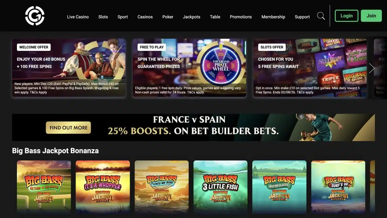 Grosvenor Casinos UK homepage showing the current welcome offer and casino games