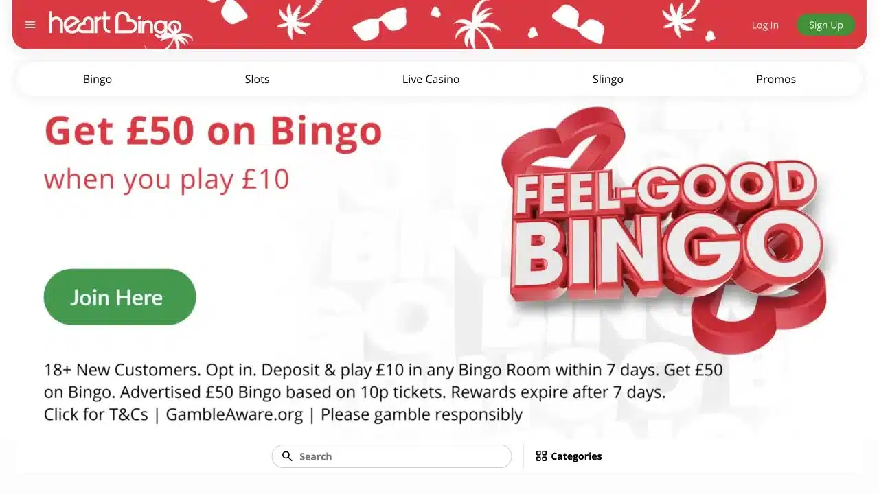 Heart Bingo homepage showing the current £50 bingo offer