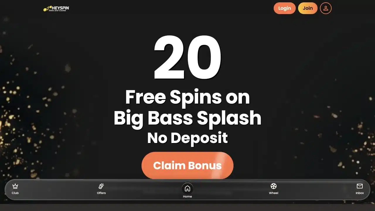 Heyspin UK homepage showing the logo, navigation and current Big Bass Splash welcome offer