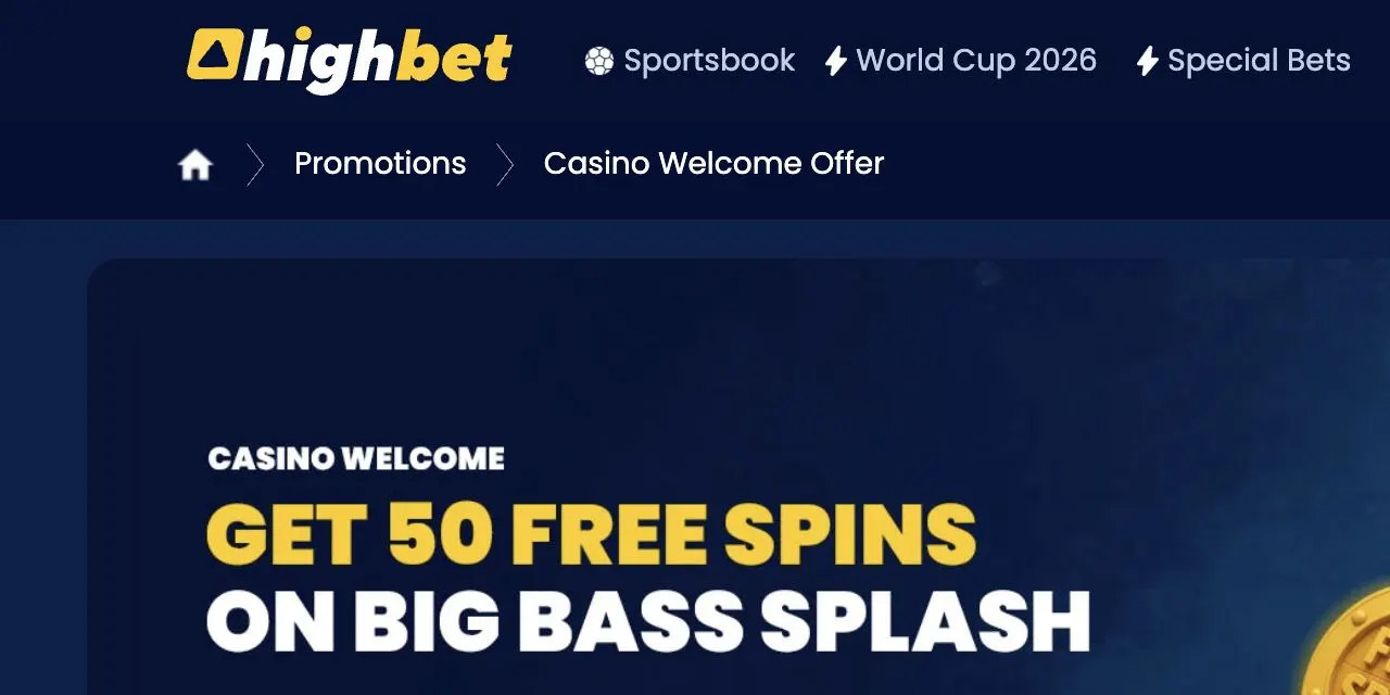 HighBet UK casino welcome page showing 50 Big Bass Splash free spins