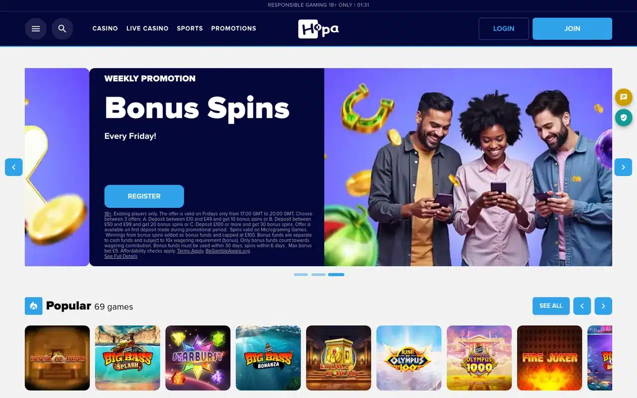 Clean current Hopa Casino UK homepage showing full navigation, Hopa branding, registration controls and games