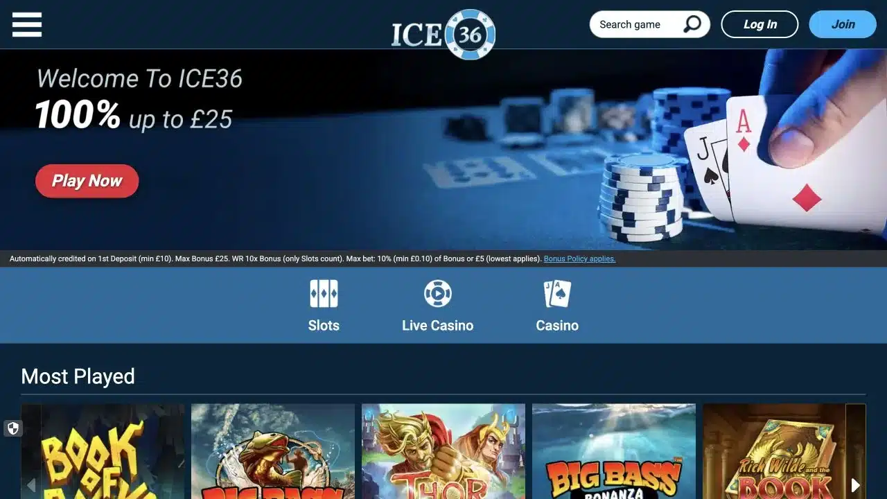 Ice36 Casino UK homepage showing the current 100% bonus up to £25
