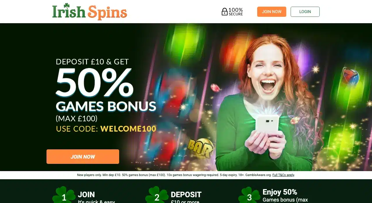 Clean Irish Spins homepage showing the complete logo, account buttons and current welcome offer