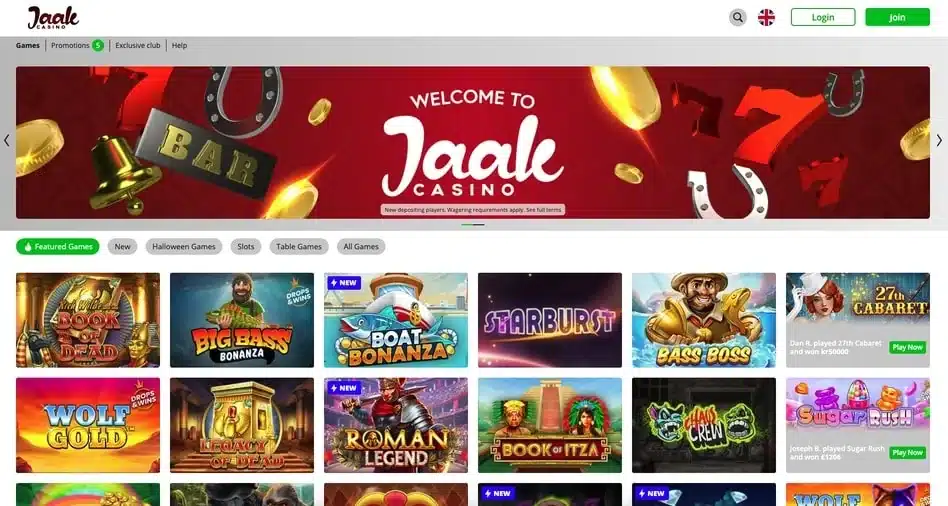 Clean historical Jaak Casino homepage showing complete navigation, login controls and game lobby