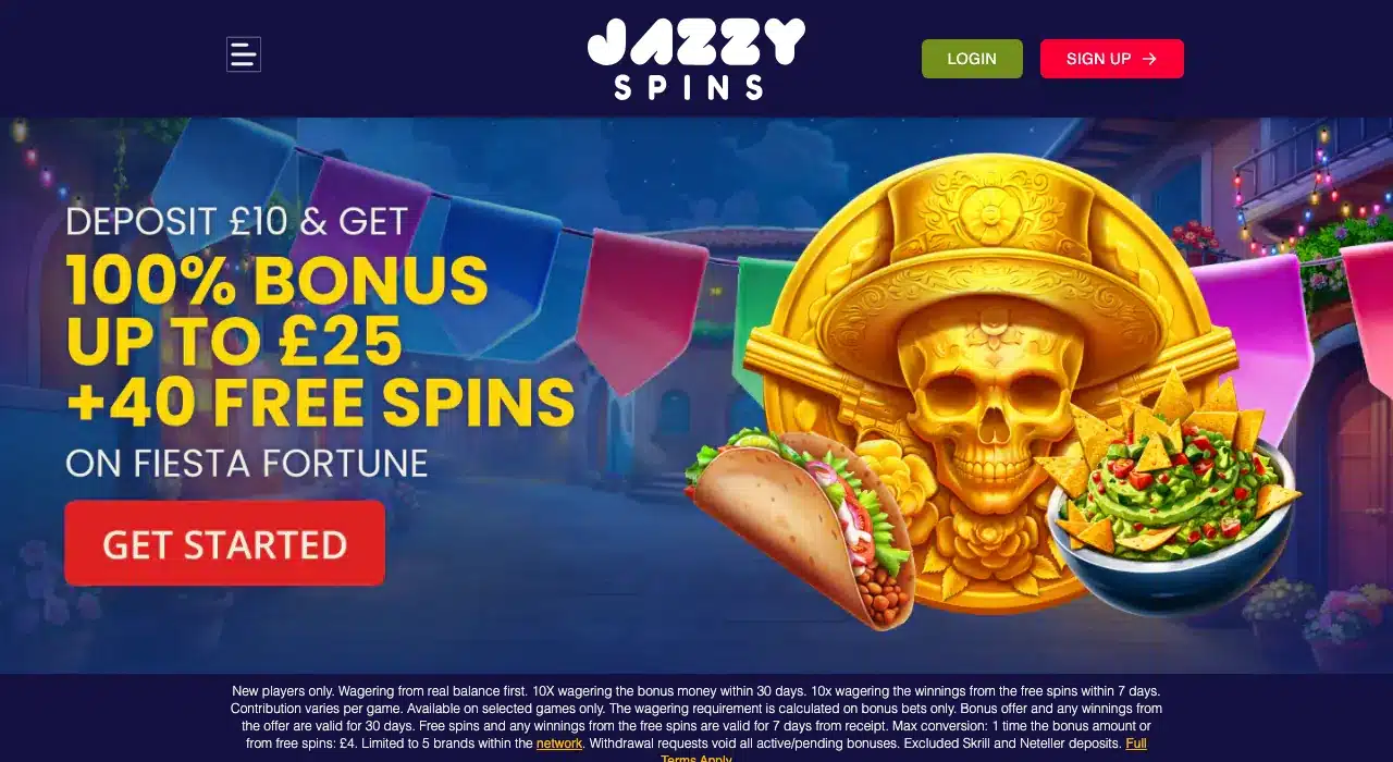 Clean Jazzy Spins homepage showing the complete logo, account buttons and current welcome offer