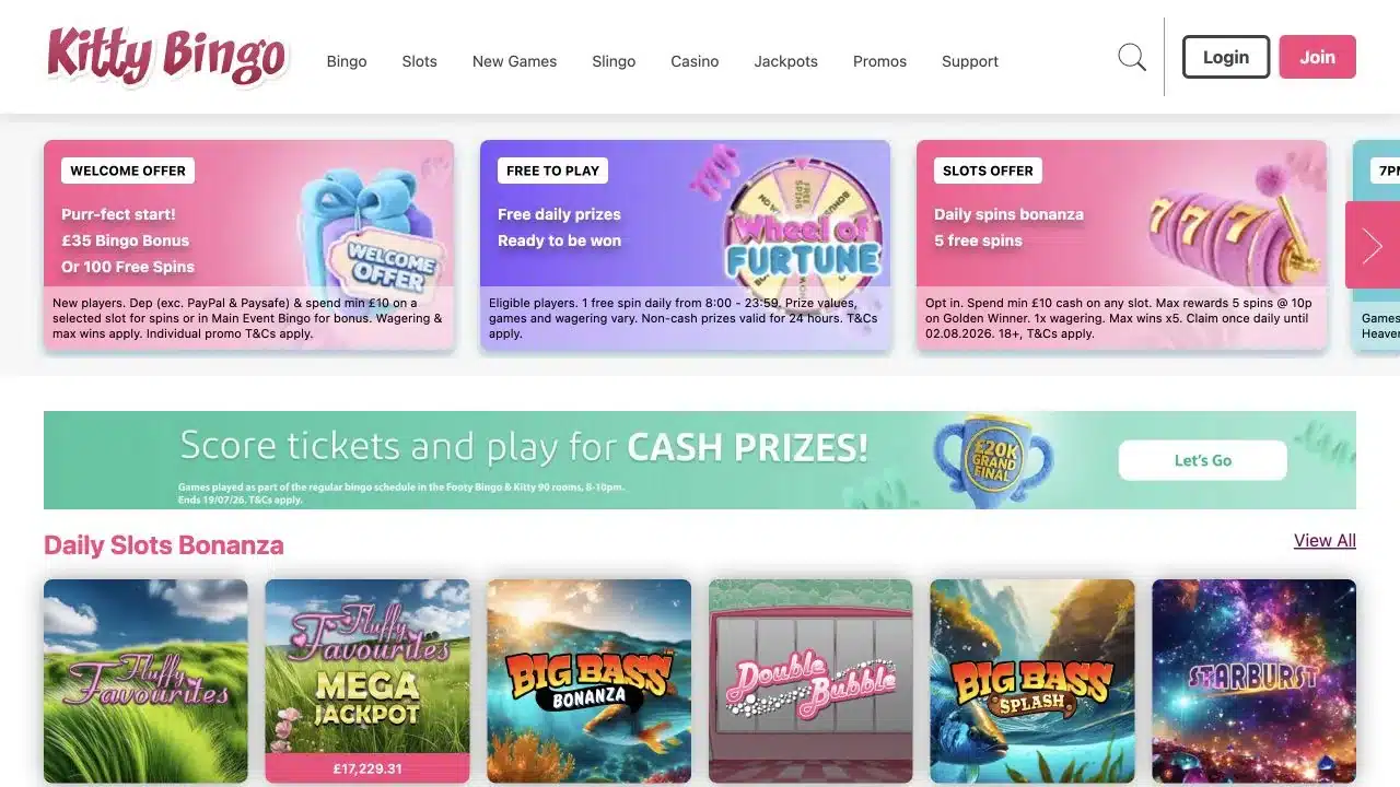 Kitty Bingo UK homepage showing the welcome choice, promotions and game lobby